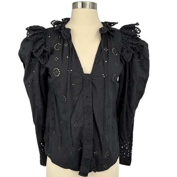 V. De. Vinster Joshua Blouse Black Size S Lace Ruffle V Neck Puff Sleeves - Picture 1 of 9